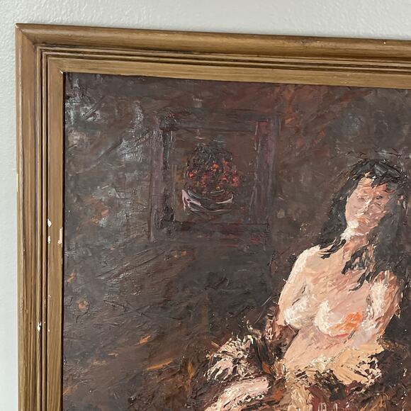 Vtg Original Oil / Acrylic On Board Painting Semi Nude Woman - Picture 5 of 13